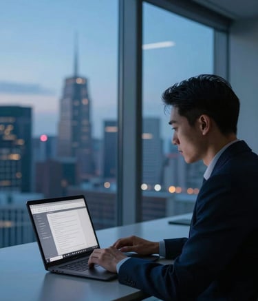 A professional in a modern Global office, silhouetted against a large window showing a city skyline at dusk. They are using a high-end laptop with a clean interface. The room is accented with Ocean Blue and Deep Navy tones. The mood is efficient, focused, and trustworthy.