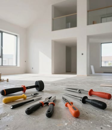 Professional architectural photography of a modern Northern European apartment building during the final stages of interior finishing. A clean workspace showing high-end tools and materials laid out on a polished concrete floor, with bright natural lighting.