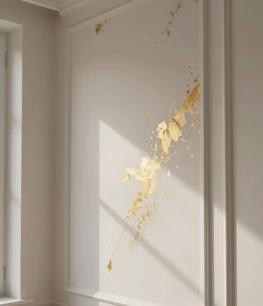Detailed photography of a premium residential interior in Northern Europe. The scene shows a close-up of high-quality finishing work on a wall with subtle gold leaf accents, illuminated by soft natural light from a nearby window, emphasizing clean lines and luxurious textures.