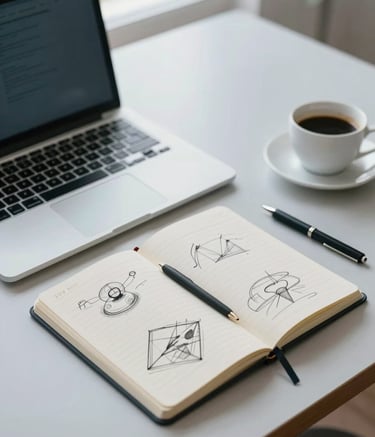 A high-angle, professional photograph of a minimalist workspace. A sleek laptop, a structured notebook with strategic sketches, and a cup of coffee sit on a desk. The lighting is bright and natural. The color palette incorporates shades of #476A6B and #A9C2C0 through the desk accessories, embodying a modern creator's environment.