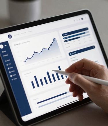 A close-up of a digital tablet displaying a clean, professional dashboard with growth charts and monetization strategies. The interface uses #1A2E2F and #476A6B. A hand is seen holding a stylus, poised with intention. The background is blurred, maintaining focus on the strategic progress shown on screen.