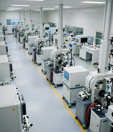 An overhead perspective of a high-tech medical logistics facility in the US, showing orderly paths and sophisticated automation systems under bright white clinical lighting.