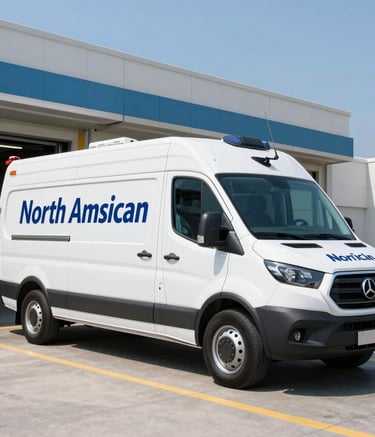 A sleek white medical transport vehicle branded with deep blue lettering, parked at a modern North American hospital loading dock during a clear day. The lighting is sharp and clinical, emphasizing the cleanliness and professionalism of the logistics operation.