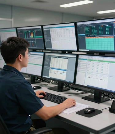 A professional logistics coordinator in a modern US-based command center, focused on multiple monitors displaying real-time tracking and medical inventory data. The atmosphere is quiet, professional, and reflects high-tech efficiency.
