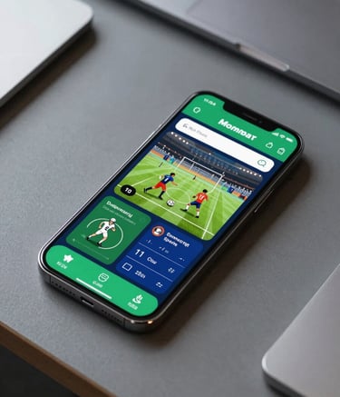 A high-angle professional photograph of a modern smartphone on a sleek desk in a Mumbai office, displaying a vibrant and clear fantasy sports app interface. The lighting is bright and dynamic, using soft green and deep blue tones from the brand palette.
