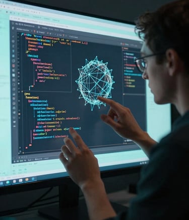 A high-end photography of a technical developer working in a dark room with light cyan backlighting. The subject is interacting with a transparent screen displaying complex, professional-grade code and 3D wireframes. North American / International context.