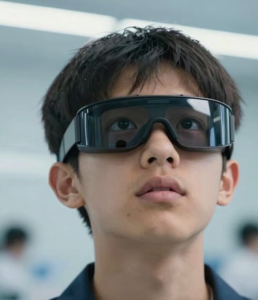 A close-up photograph of a student in an International academic setting, wearing advanced Augmented Reality glasses. The person is looking up with an expression of wonder. The background is a clean, futuristic lab with soft sky blue and white lighting.