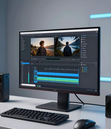 A high-end computer setup in a sleek Iberian / Latin American studio, showing a 4K monitor with a professional AI video editing interface, Sky Blue accent lighting, clean and modern aesthetic.