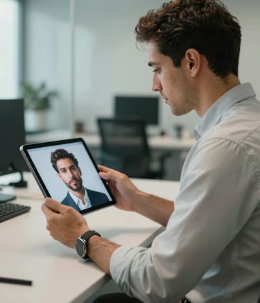 A professional in a modern Iberian / Latin American office looking at a tablet that displays a realistic digital human avatar, cinematic lighting with Muted Teal and Soft Off-White tones, professional photography style.