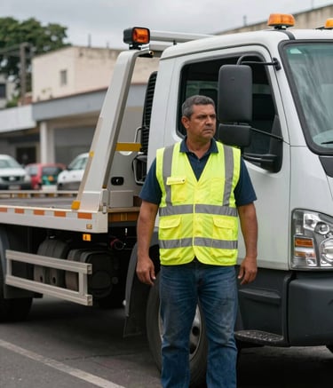 Medium shot of a professional tow truck operator in a high-visibility yellow vest standing beside a modern vehicle, South American / Brazilian urban street, overcast sky, emphasizing reliability and safety.