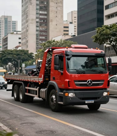 A powerful red and black flatbed tow truck operating on a busy urban highway in São Paulo, professional lighting, cinematic composition, South American / Brazilian cityscape in the background, daytime.
