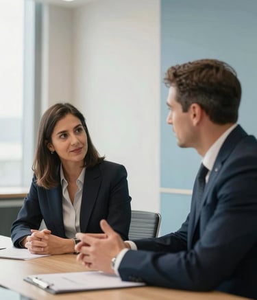 A high-end North American conference room where two professionals are engaged in a serious yet positive discussion. The setting is bright with natural light, featuring soft blue and off-white accents in the modern interior design.