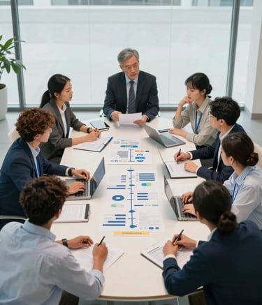 A high-angle shot of a group of diverse professionals collaborating around a large table in a bright, modern glass-walled conference room. They are discussing marketing strategy and educational pathways. The scene is set in an international / English-speaking market with soft off-white and medium blue tones.