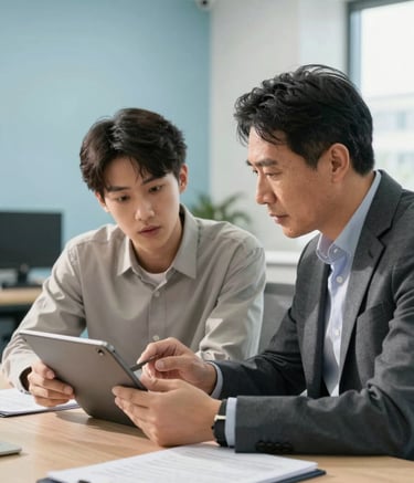 A professional consultation in a sunlit, modern office. A mentor and a young adult are reviewing academic documents on a tablet, looking insightful and engaged. The background features light blue and off-white accents, reflecting a clean and authoritative atmosphere in an international / English-speaking market setting.