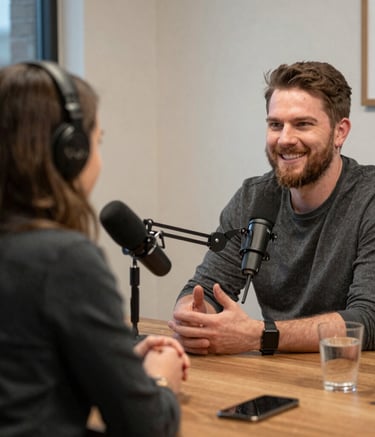 A cozy podcast studio with a microphone and headphones bathed in warm light.