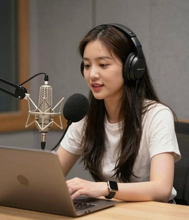 Hosts smiling during a live podcast recording session.