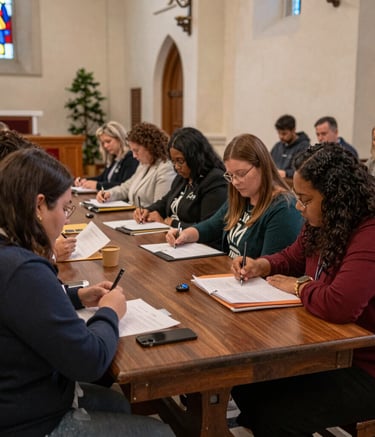 Close-up of soundboard controls in a bustling radio station.