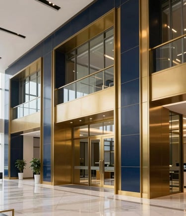 A wide-angle photography shot of a sleek, modern commercial lobby in Dubai with deep navy and metallic gold design elements. Bright, airy, and professional atmosphere in a Middle Eastern / Gulf corporate setting.