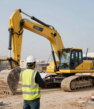 A professional architectural photography shot of a construction site in Ajman featuring heavy machinery and engineers in safety gear, reflecting progress and reliability in a Middle Eastern / Gulf urban environment.