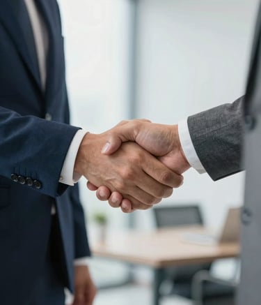 Close-up of a professional handshake between two people in modern South American business attire, bright and airy office setting, empathetic and supportive atmosphere, palette of navy blue and soft grey.