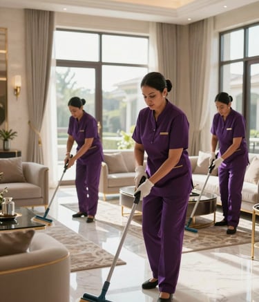 Professional cleaning crew in elegant purple uniforms working in a luxury Middle Eastern / Gulf villa living room. Large bright windows, marble floors, sophisticated modern furniture, soft morning lighting, professional photography style.