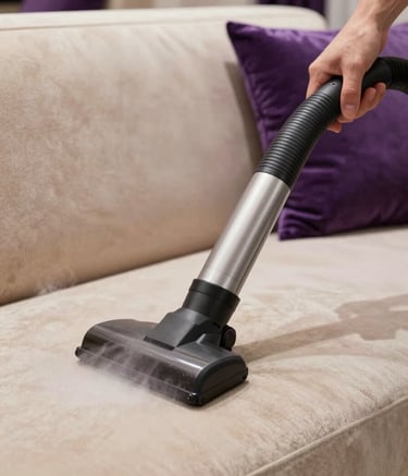 Close-up of a professional cleaning specialist using a steam cleaner on a luxury beige sofa. Handheld device, clean steam, meticulous focus on fabric texture, Middle Eastern / Gulf interior setting with purple decorative accents, high-end aesthetic.