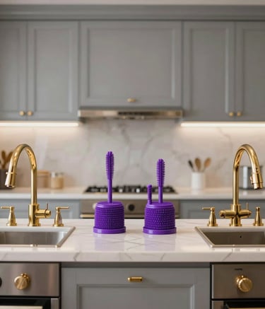 Symmetrical shot of a perfectly organized and deep-cleaned luxury kitchen in a Middle Eastern / Gulf villa. Polished gold faucets, purple cleaning tool kit neatly placed on the counter, soft gray cabinets, bright and professional lighting.