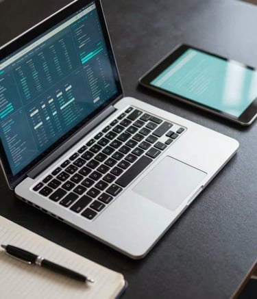 A high-angle professional photograph of a desk with a sleek laptop and a tablet displaying a complex data dashboard. The lighting is dominated by Alice blue and soft teal tones from the screens. A clean, professional notebook and pen sit nearby on the dark surface. Professional and focused composition.