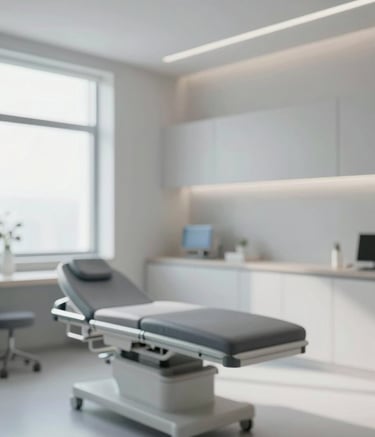 A serene and modern recovery room for plastic surgery patients. The room is filled with soft natural light, featuring clean lines and minimalist furniture in #F8F9FA and #B3C1C7 tones. Atmosphere of calm professionalism and high-end care.