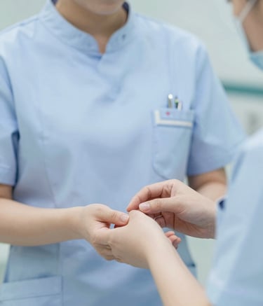 A close-up of a specialized nurse's hands in a professional medical setting, demonstrating gentle care and expertise. The lighting is soft and bright, highlighting a clean environment with subtle accents of #50727B and #B3C1C7. Sophisticated and reassuring mood.
