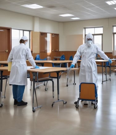 Exterior view of a hotel with pest control team at work.