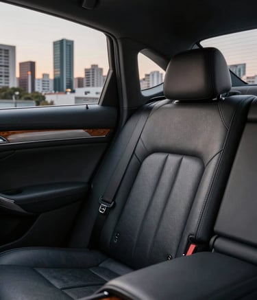 Close-up of the pristine leather interior of a high-end executive car. Soft ambient lighting highlighting the premium textures of charcoal leather and polished wood trim. View through the window of a modern South American city skyline at dusk. Professional commercial photography with a sophisticated vibe.
