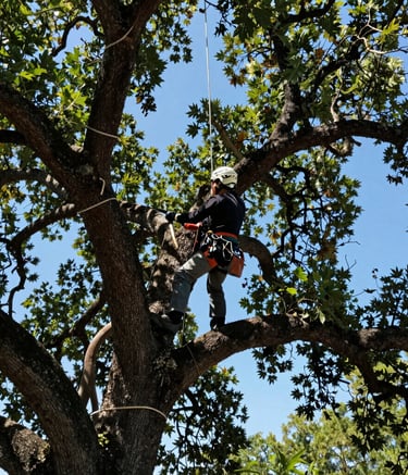 A skilled arborist performing tree maintenance on a large oak tree in North American / US (Texas). The composition is a dynamic upward angle showing professional trimming against a bright blue sky, with lush dark green foliage.