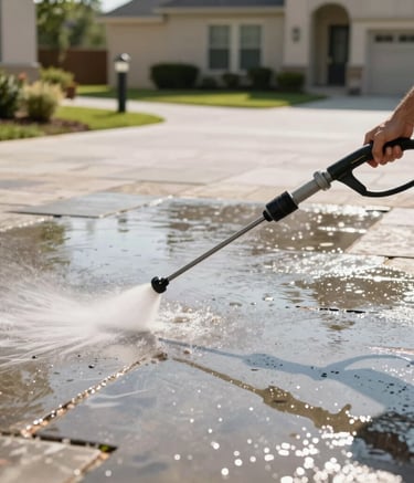 A professional high-pressure washing service cleaning a modern stone driveway in a North American / US (Texas) residential neighborhood. The bright sunlight reflects off the wet surface, showcasing a clean, elegant aesthetic with dark green landscaping in the background.