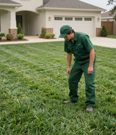 A professional landscaper in a medium green uniform inspecting a vibrant dark green lawn at a residential property in North American / US (Texas). The scene is bright and airy with natural elegance and clean lines.