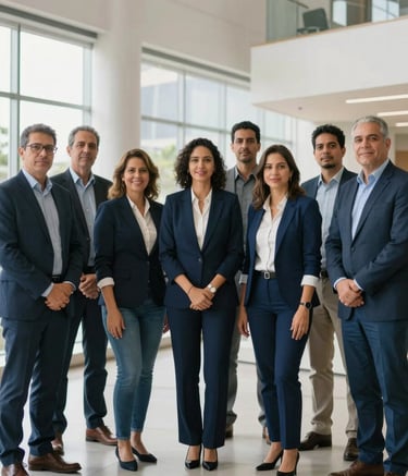 A group of professional South American / Brazilian educators and administrators, the Gavinho family team, standing in a bright, modern corporate atrium in Rio de Janeiro, soft natural lighting, steel blue and dark blue professional attire.