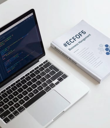 A top-down view of a minimalist desk setup featuring a laptop with lines of Python code on the screen and a business management book nearby. The color palette includes #2C3E50 and #ECF0F1. The vibe is modern, technical, and professional.
