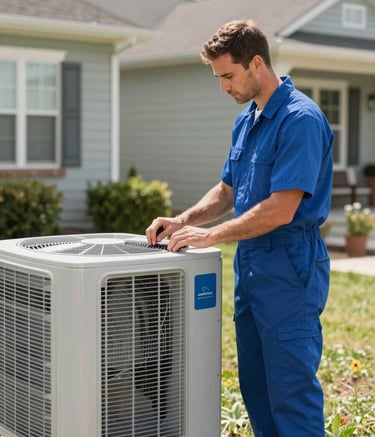 A professional HVAC technician in a clean uniform inspecting a modern outdoor air conditioning unit at a residential North American / US suburban home. The lighting is bright and natural, using a color palette of arctic mist and modern royal blue for the technician's attire and equipment.