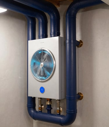A close-up photograph of a meticulously installed modern furnace and ventilation system in a North American / US basement. The installation features clean lines and professional ductwork, highlighting navy blue accents and ice blue highlights in a well-lit utility room.