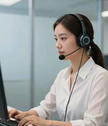 A focused call center professional wearing a high-quality headset, sitting in a modern office with light steel blue walls, South American setting, soft morning lighting, clean and professional aesthetic.