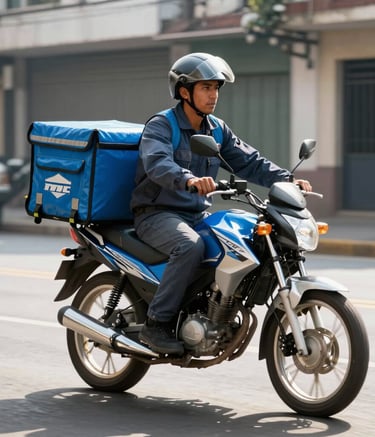A modern delivery motorcycle on a clean street in a South American urban environment, morning sunlight, professional delivery person in sleek uniform, conveying speed and reliability, steel blue accents.