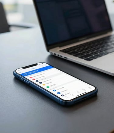 A close-up of a professional desk in a modern South American office, featuring a smartphone with a logistics app open and a sleek laptop, steel blue and dark navy tones, bright natural light, professional atmosphere.