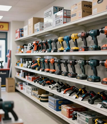 The interior of a well-organized Turkish hardware store showing a wide variety of power tools and construction materials on clean white shelving, bright and inviting atmosphere, Anatolian region style.