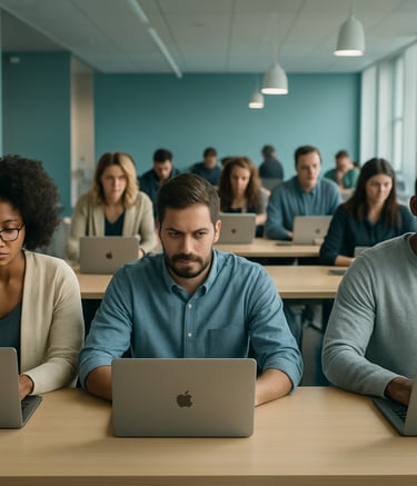 A bright, modern North American collaborative lab environment. Diverse professionals are focused on sleek silver Apple Mac laptops at long communal tables. The room is filled with soft teal and mist white accents, reflecting a high-standard professional atmosphere with natural sunlight.