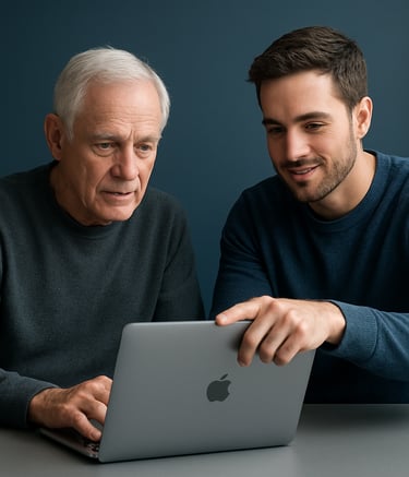 A professional senior individual in a North American tech center receiving friendly one-on-one tech support from a younger expert. They are looking at a silver Mac screen together. The setting is clean and minimalist with deep navy and soft blue-grey tones.