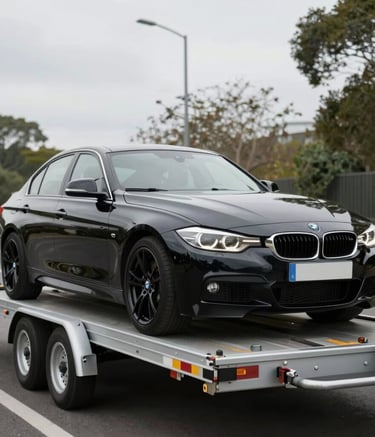 Sleek black sports car parked under city lights at night