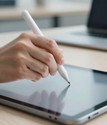 A close-up shot of a professional hand using a high-precision stylus on a modern tablet in a brightly lit office. The environment features soft blue and off-white tones, conveying a sense of technological mastery and focus.