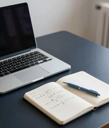 A minimalist, professional workspace featuring a sleek laptop on a dark navy desk. Beside the laptop is a notebook with neatly written formulas and a soft blue pen. The lighting is crisp and natural, highlighting a clean, intellectual atmosphere.