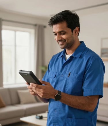 A professional South Asian / Indian technician in a steel blue uniform smiling while holding a diagnostic tool, standing in a modern, well-lit living room in Noida, soft natural lighting.
