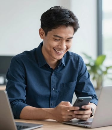 A professional Indonesian entrepreneur smiling while using a smartphone for transactions in a clean, modern workspace, soft natural lighting, incorporating the corporate brand colors #1C2E4A and #F0F4F8.
